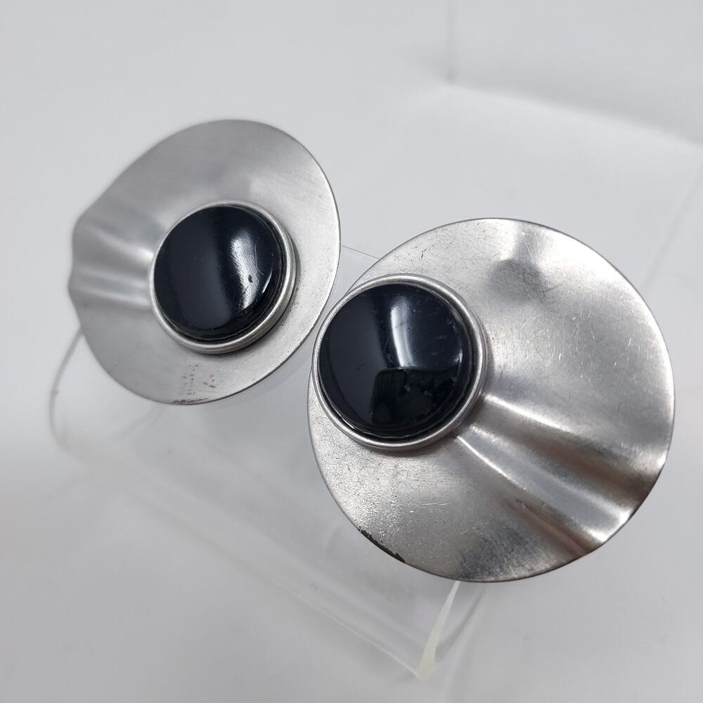 Vintage Modern MCM Art Deco Look Silver Tone Clip On Earrings Black Cab 1.3"
